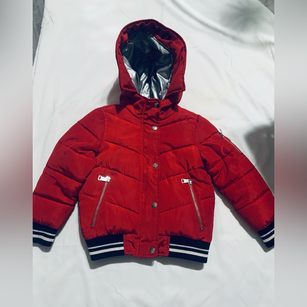 Red puffy DKNY hooded jacket